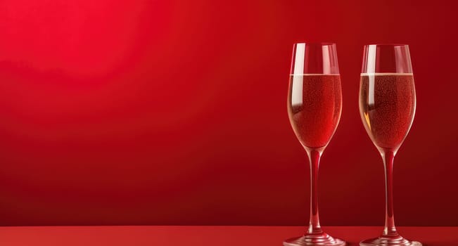 two glasses of champagne and a heart are on red background.