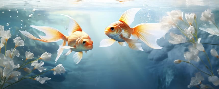 two goldfish swimming under a pond with water falling.