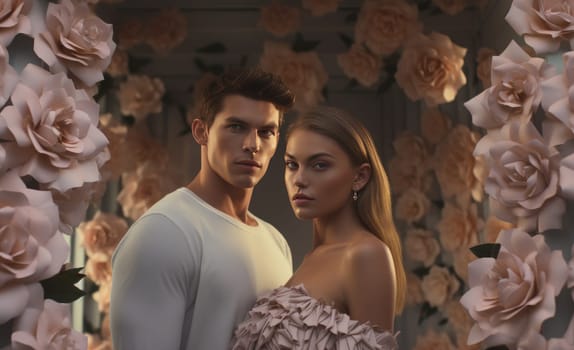 young man and woman standing in the background with flowers.