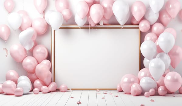 a background with balloons, gold hearts and pink decorations.