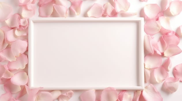 the frame surrounded by pink rose petals and some blank space.