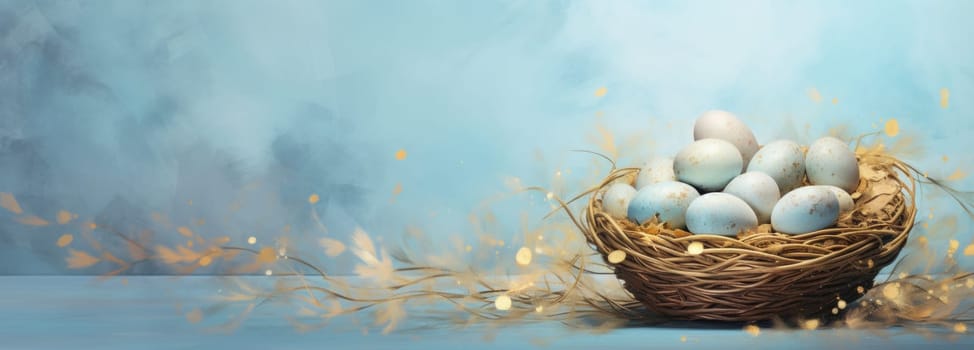 a basket of blue eggs is placed on a blue background.