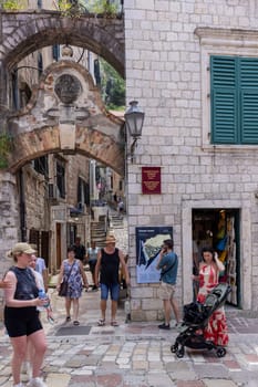 Kotor, Montenegro - June 26, 2023: Entrance gate to the City Walls of Kotor