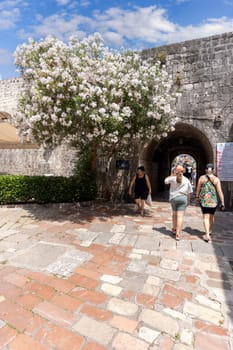Kotor, Montenegro - June 26, 2023: View of River Gate (North Gate), entrance to Old Town and Wood square by Old City Walls