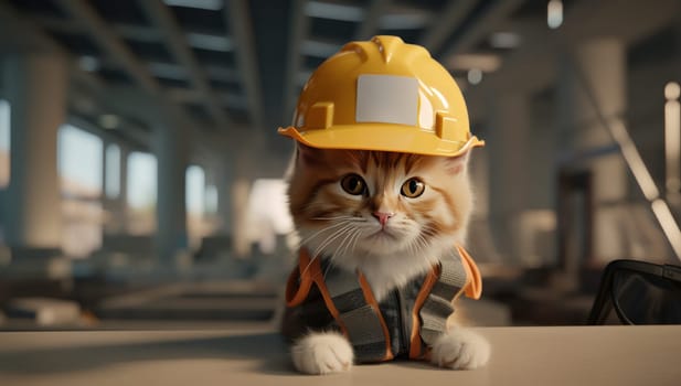 a cat wearing an orange and yellow hard hat.