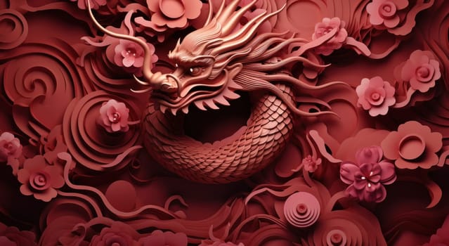 an abstract red dragon surrounded by paper decor .