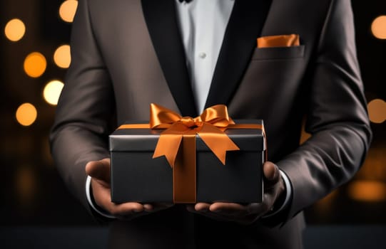 a man in a suit is holding a present box in a white box.