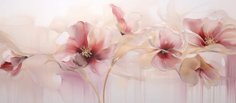 a painting of pink flowers on white surface.
