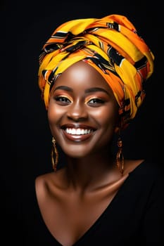 a woman with colorful top and headscarf smiling.