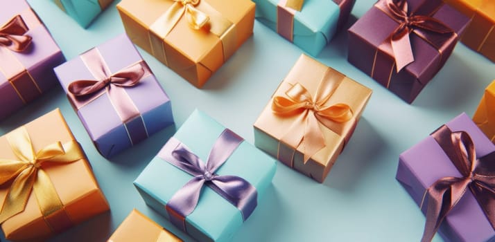 colorful gift boxes laid out on a silver background.