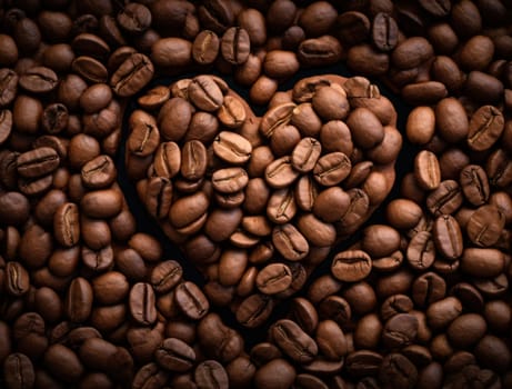 heart formed out of roasted coffee beans.