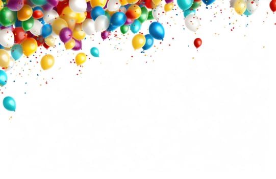 colorful multi color confetti balloons floating over white background.