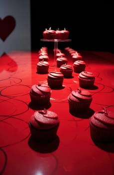 cupcakes in red velvet heart shape on table.