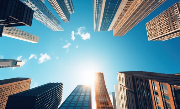 looking upwards at skyscrapers against a clear blue sky.
