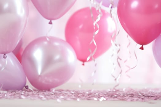 many heart heart foil balloons surrounding pink confetti.