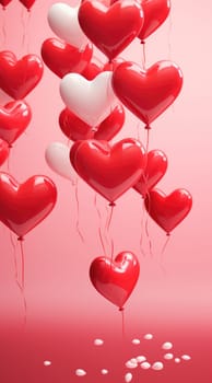 red heart balloons falling against a red backdrop.