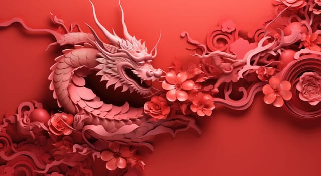 red dragon with branches on red background with abstract background.