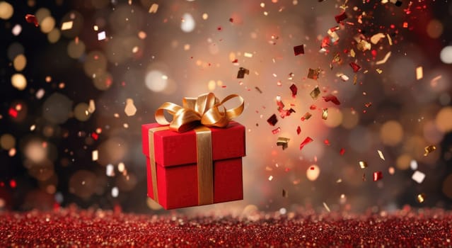 red gift with gold confetti in the air.