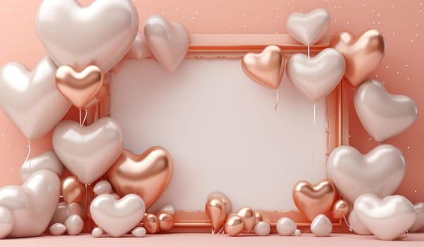 silver and gold heart balloons, gold star balloons and frame on a pink backdrop.
