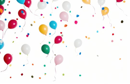 colorful multi color confetti balloons floating over white background.