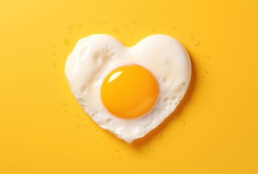 heartshaped fried egg on yellow background.