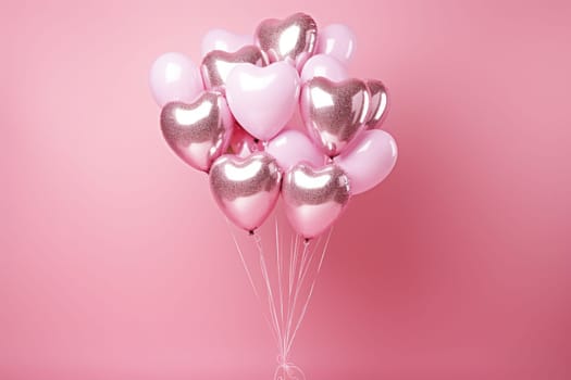 pink, white and silver heart balloons on pink background.