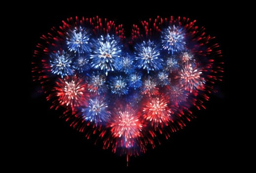 the heart shaped fireworks on the black background.