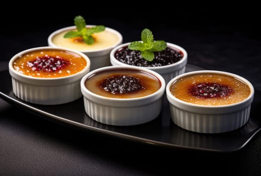 three dishes with dessert creme brulee topping.