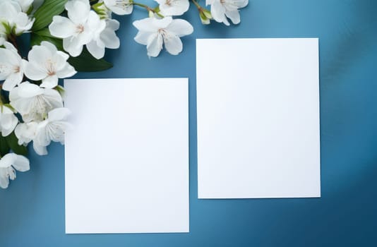 two blank white wedding invites with white flowers on a blue background.