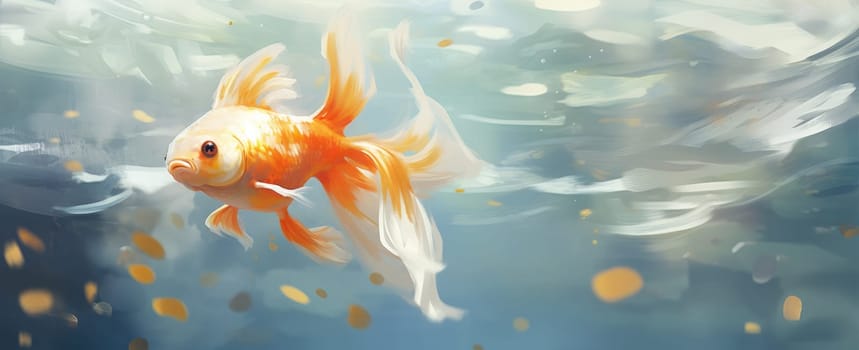 two goldfish swimming under a pond with water falling.