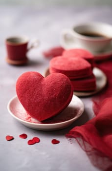 two red heart shaped cakes sitting on a table with red powder.