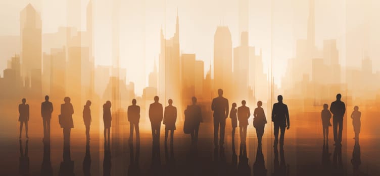 group of people standing together close to a city in silhouette.