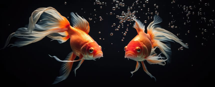 two goldfish swimming together in an aquarium.