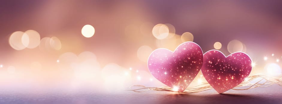 two red hearts are sitting on top of a purple abstract background.