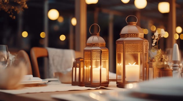 table setting in a restaurant with lanterns and candles.