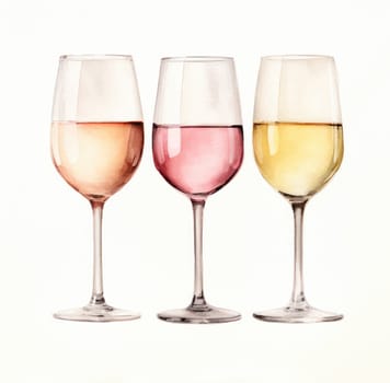 three glasses of wine drawn in watercolor.
