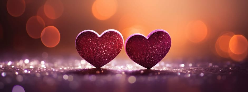 two hearts sitting on a glittery background.