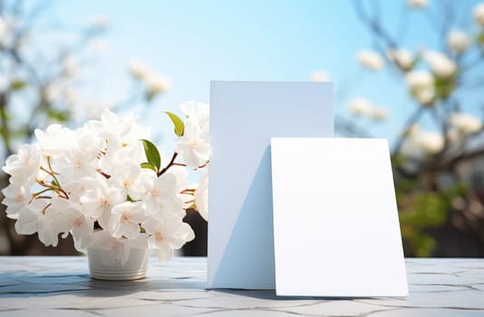 white cards sitting on a table next to white flowers.