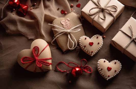 various heartshaped presents laid out on a wooden background.
