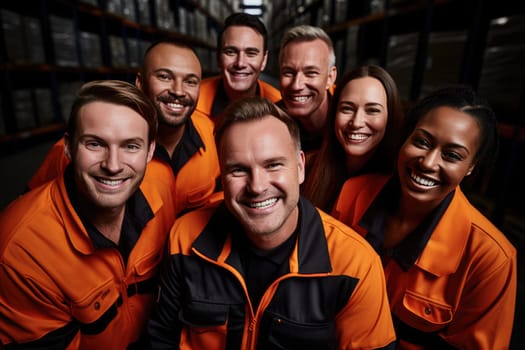 team of warehouse workers smiling.