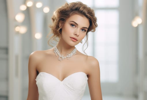 woman in a white dress with a necklace, posing for a portrait.