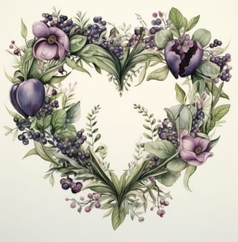 watercolor heart with flowers and leaves.