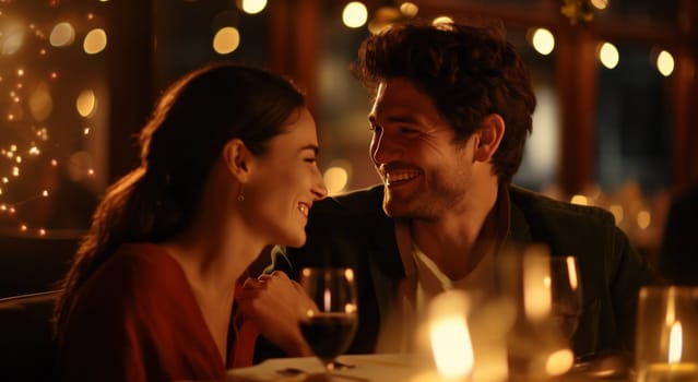 a man and a woman at dinner at restaurant with candle lights.