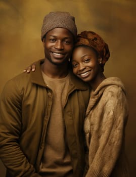young african couple on brown paper, smiling and arm in arm.