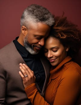 a man and woman embracing for a photo on a brown background.
