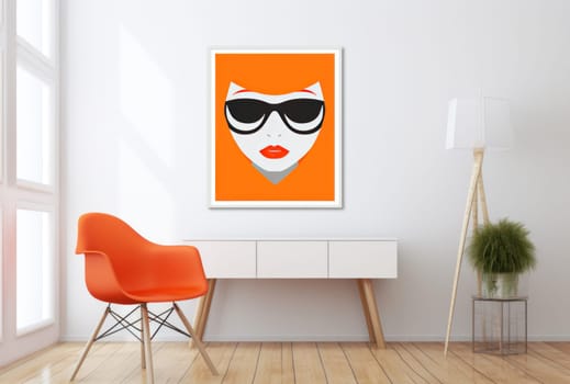 an orange chair and wooden table next to a blank canvas.