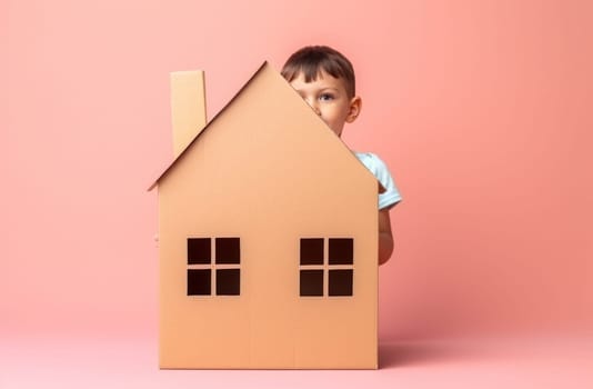 child holds paper cardboard house after moving in to a new home.