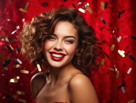 attractive young woman smiling with confetti in her hair against red background.