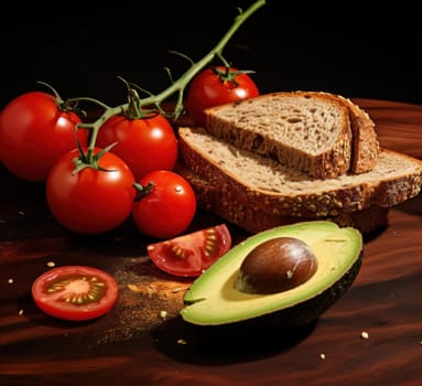 a slice of bread with a slice of avocado and tomatoes on it.