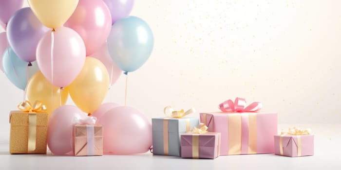 colorful balloons and birthday gift on a white table,.